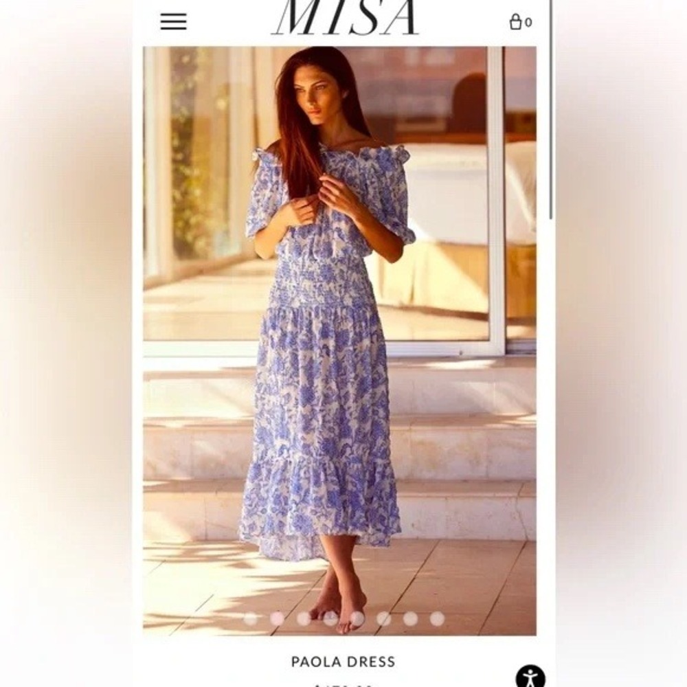 MISA Los Angeles Paola Dress Smocked‎ Off Shoulder Blue Crush Toile Small Midi